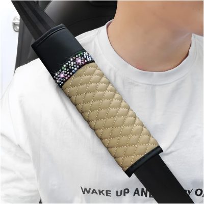 2 Pcs Auto Seat Belt Cover, Breathable Leather Shoulder Pads Protect Your Neck, Harness Pads Strap for a More Comfortable Driving, Car Accessories Compatible with Adults Kids (Khaki)