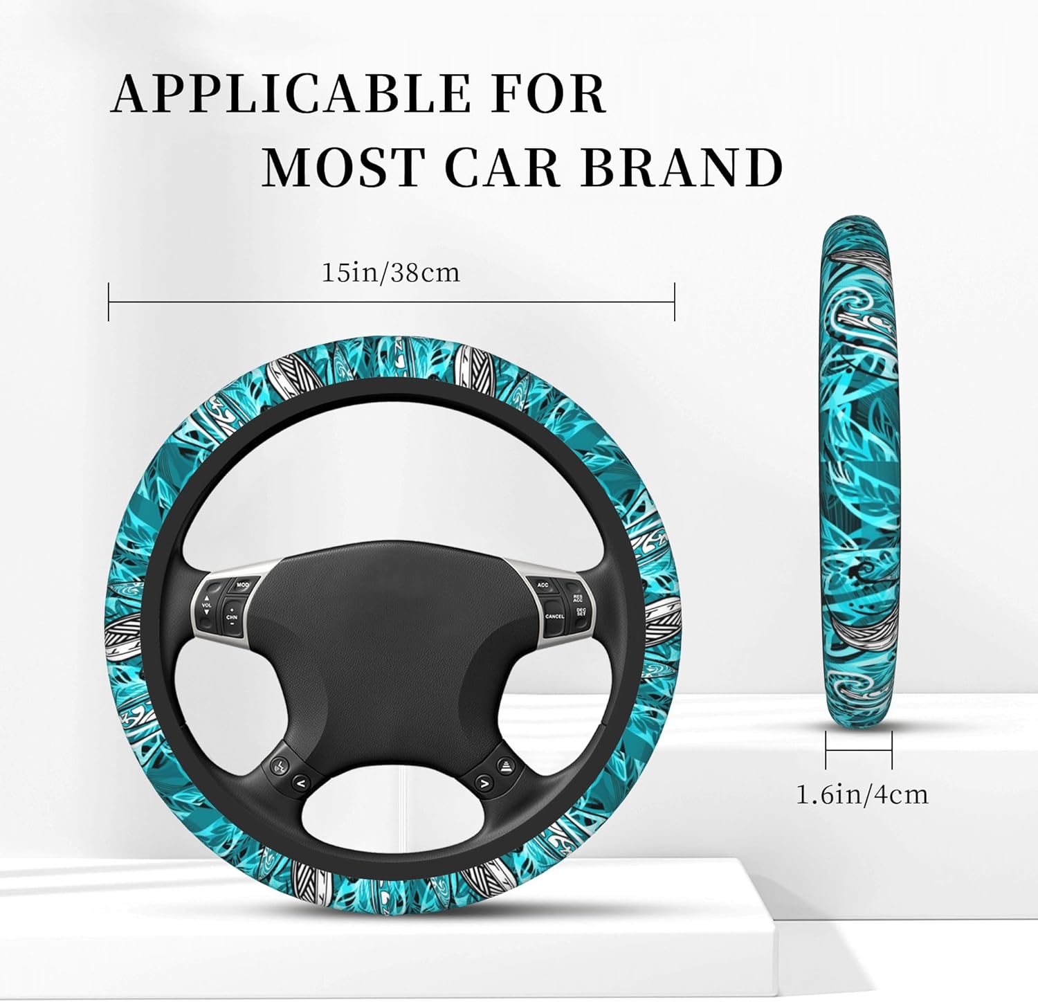 Hawaiian Teal Ocean Tribal Car Steering Wheel Cover for Women Men Stretch Cloth Anti-Slip Wrap Protector Case Fit Universal Auto Accessories Decor Sweat Absorption 14-15 Inch - Image 2