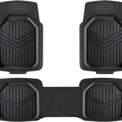 3-Piece All-Weather Heavy Duty, Full Set Rubber Floor Mats for Universal Fit in Cars, SUVs, and Trucks, Black, Trim to Customize