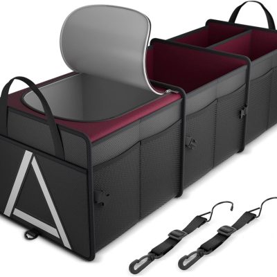 Sturdy Car Trunk Organizer with Premium Insulation Cooler Bag, Heavy Duty Collapsible Trunk Storage Organizer for Car, SUV, Truck, or Van (3 Compartments, Red)