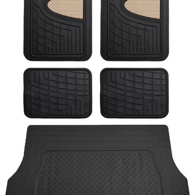 Tall Channel Trimmable All Weather Rubber Full Set Car Floor Mats (Beige) w. Trimmable All-Season Cargo Liner (Black) - Universal Fit for Cars Trucks and SUVs