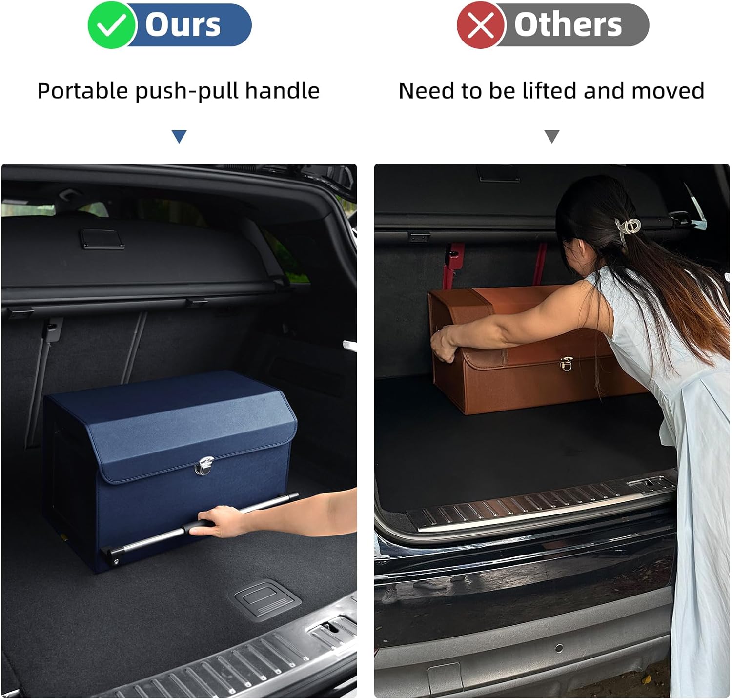 Car Trunk Organizer, Push-pull Handle, Leather Collapsible 2 Compartments Car Organizers with Lid, Car Trunk Storage Organizer, Suitable for All Kinds of Cars, SUV, Minivan (Large, Blue) - Image 2