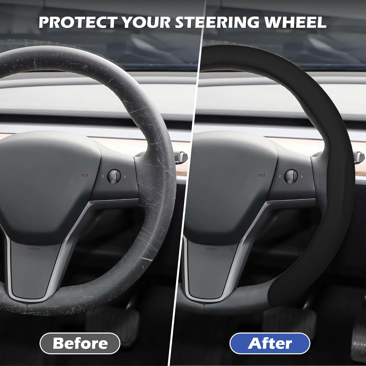 Leather Steering Wheel Cover, Universal 15 Inch Premium Non-Slip Steering Wheel Cover Black - Image 2