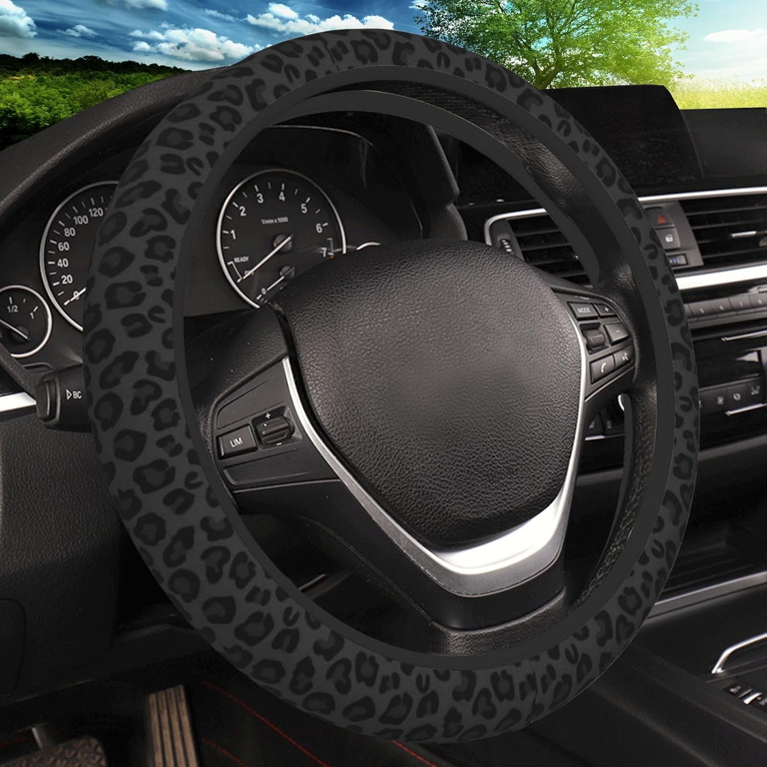 Black Leopard Print Cheetah Elastic Steering Wheel Cover, Non-Slip Breathable Neoprene Steering Wheel Covers, Women Leopard Car Accessories, Universal 15 Inch Fit Auto, s, Truck