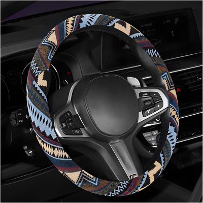 Boho Steering Wheel Cover, 15 Inch Coarse Flax Cloth Ethnic Style Anti-Slip Car Wheel Wrap, Universal Breathable Bohemian Steering Wheel Protector for Cars s Trucks (H)
