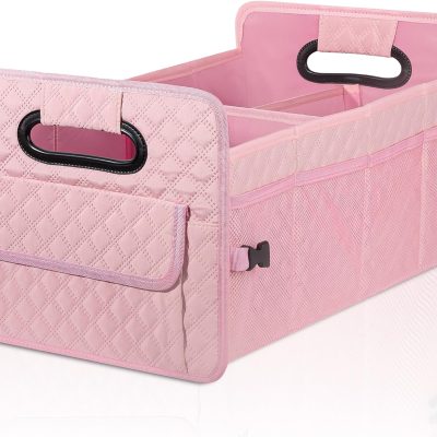 Car Trunk Organizer for SUV, Car Storage Organizer Collapsible Multi Compartment Container Box Adjustable Car Accessories for Women Men, Pink