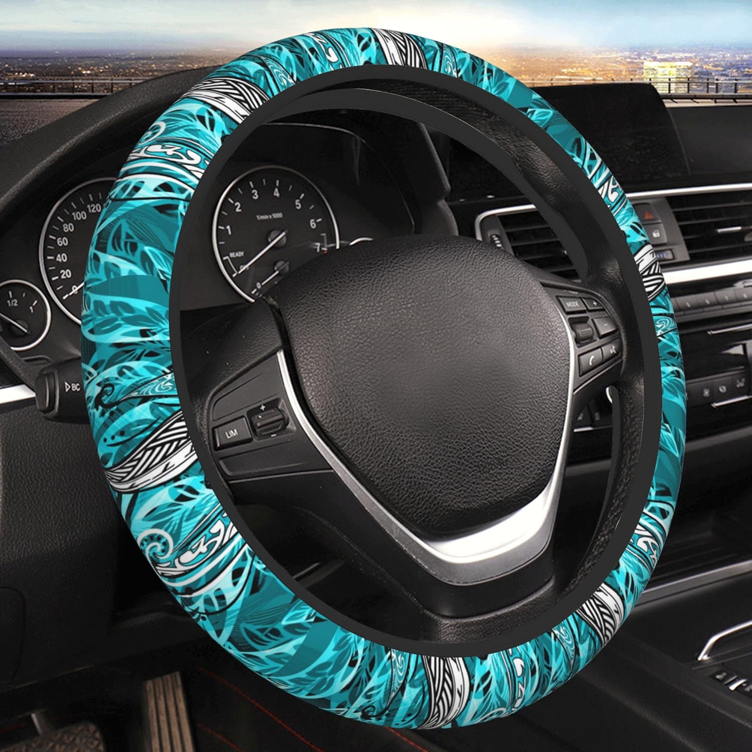 Hawaiian Teal Ocean Tribal Car Steering Wheel Cover for Women Men Stretch Cloth Anti-Slip Wrap Protector Case Fit Universal Auto Accessories Decor Sweat Absorption 14-15 Inch