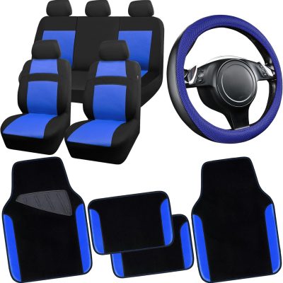 3D Air Mesh Car Seat Covers Full Sets w/5mm Sponge, 4Pcs Waterproof Car Floor Mats, Steering Wheel Cover Universal Fit for SUV Sedan Truck, Airbag Compatible Automotive Interior(black & blue)