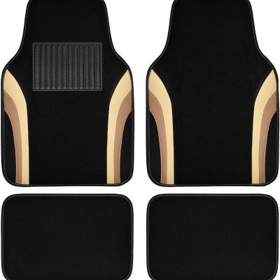Beige Leather Car Floor Mats, Sporty Waterproof Car Carpet,Universal Automotive Floor Mats Fit for Sedans, Cars, Mid Trucks, Vans, SUV, Set of 4 (Black and Beige)