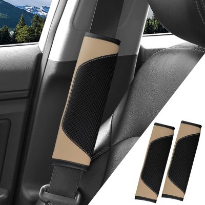 2 Pack Leather Mesh Universal Seatbelt Shoulder Strap Protector,Car Seat Belt Pads Cover, Soft Harness Pad Safety Belt Cover for Comfortable Driving, Car Interior Accessories (Beige)