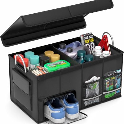 Car Trunk Organizer with Lid - Collapsible Multi Compartment Car Organizer - Multiple Pockets, Multi-purpose Travel Accessory - Anti-slip & Leak-proof Fits any Car, SUV, Minivan