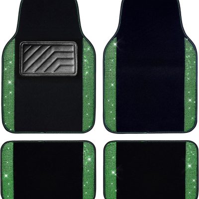 Shining Rhinestones Carpet,  Crystal Diamond Sparkly Glitter Car Floor Mats with Anti-Slip PVC Heel Pad Automotive Universal for SUV,Sedan,Car,Van,4pcs for Girl Women Green Diamond