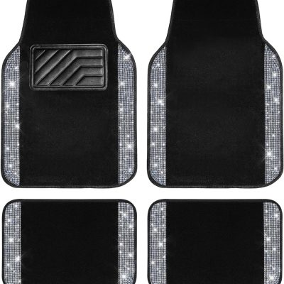 Car Floor Mats, Shining Rhinestone Carpet Sparkly Glitter Crystal with Anti-Slip PVC Heel Pad Waterproof Universal Fit Automotive SUV,Sedan,Van,Cute Girl Women,4pcs Black Sliver