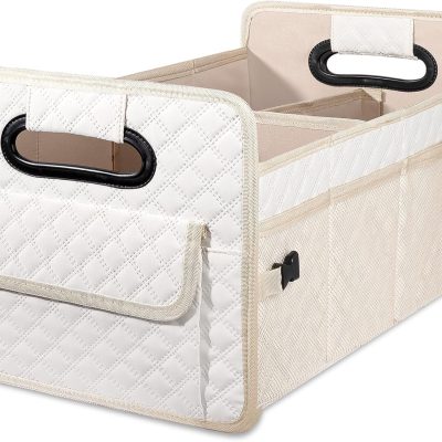 Car Trunk Organizer for SUV, Car Storage Organizer Collapsible Multi Compartment Container Box Adjustable Car Accessories for Women Men, Beige