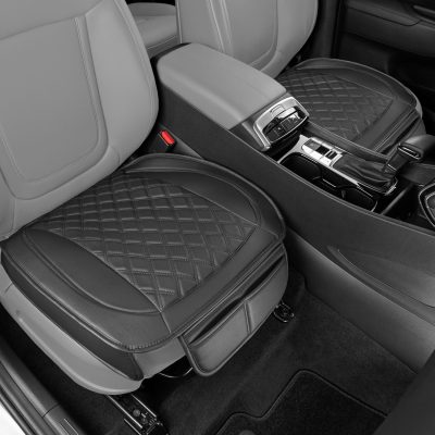 Car Seat Cushion, 2 Pack - Diamond Stitched Faux Leather Seat Covers for Cars Trucks SUV, Black Padded Car Seat Covers with Storage Pockets, Premium Automotive Seat Covers for Front Seats