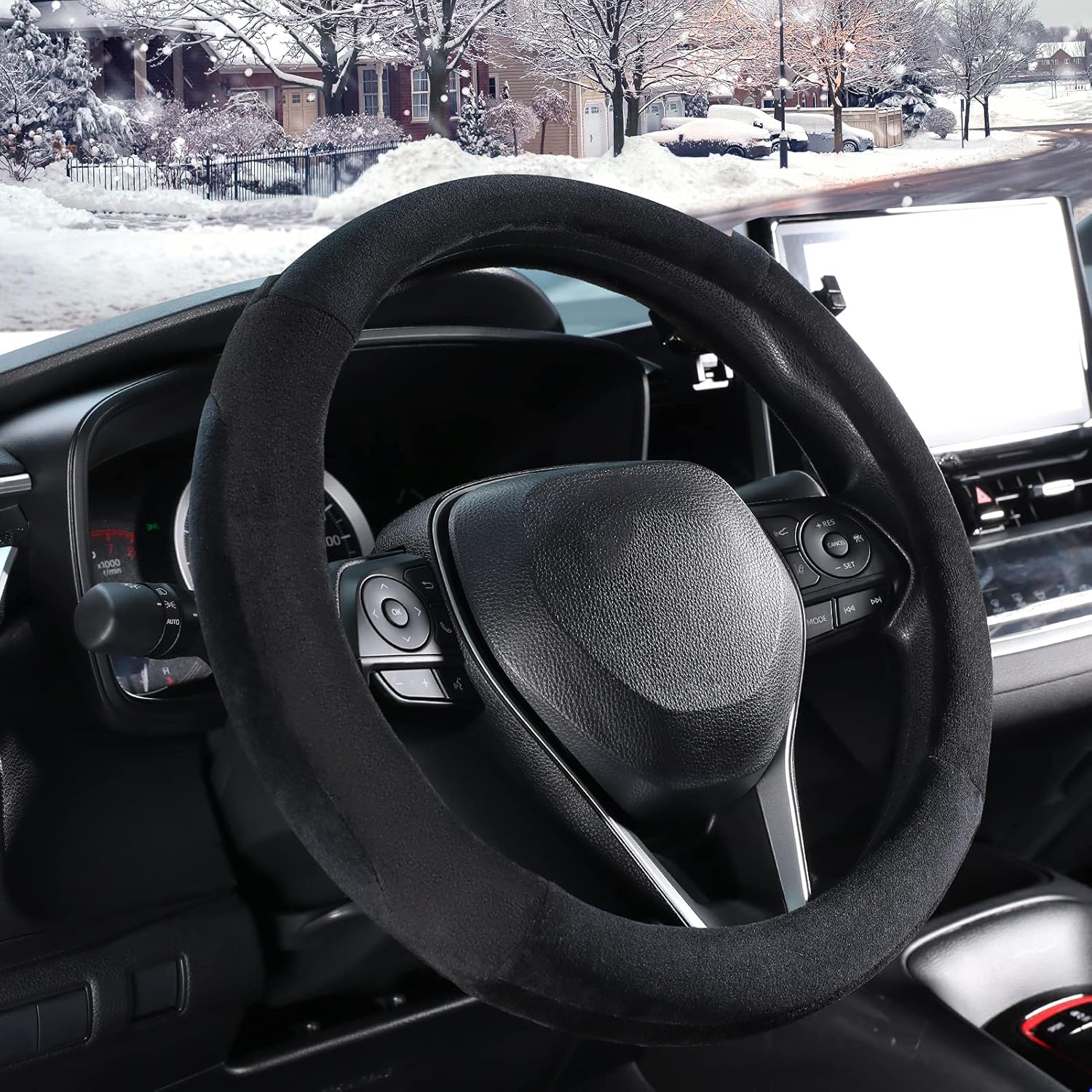 Black Plush Winter Auto Car Steering Wheel Cover Universal 15 inch - Image 2