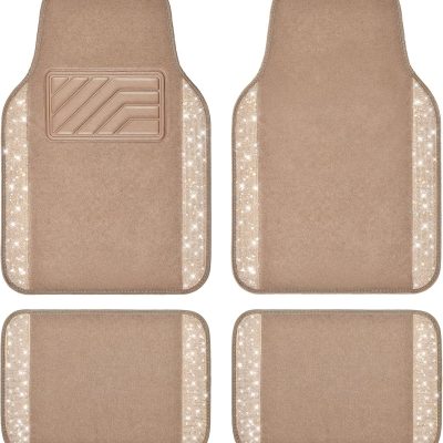 Car Mats Shining Diamond Carpet Crystal Rhinestones Sparkly Glitter Floor Mats with Anti-Slip PVC Heel Pad Universal Fit for Automotive SUV, Sedan, Car, Van, 4pcs for Girl Women, Beige